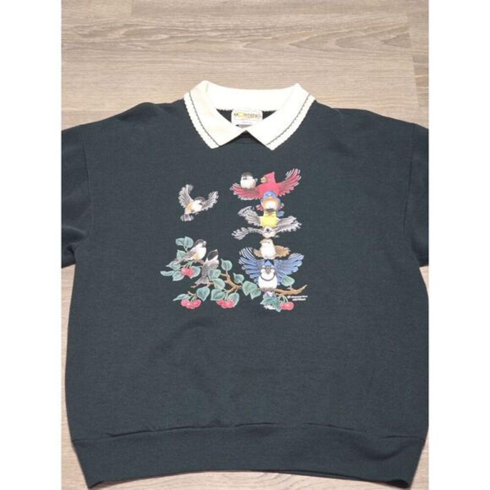 VTG 80's Morning Sun Women's Green‎ Pullover Sweatshirt w/Birds Grandma Size M